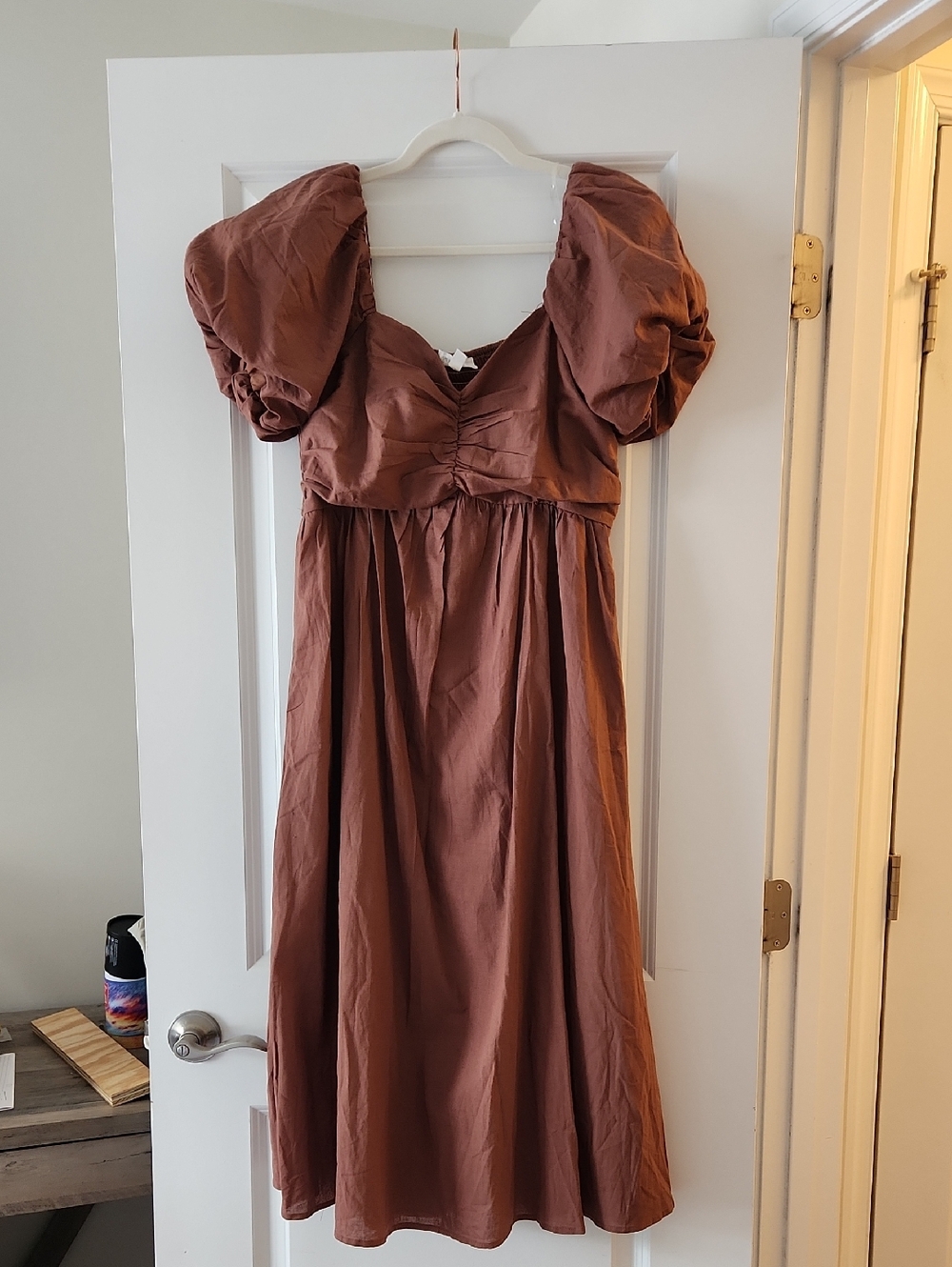 Pinkblush Rust Brown Midi Dress with Puff Sleeves